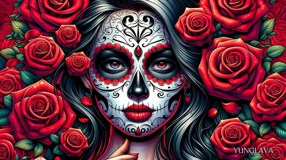Mexican skull Art: A woman with her face painted in the style of Dia de los Muertos.