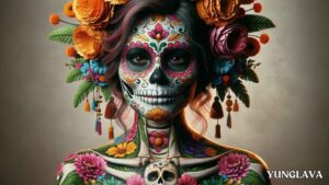 A Celebration of Life Young Mexican Woman in a Day of the Dead Paper Maché Mask, Crafted in the Art of Cartonería