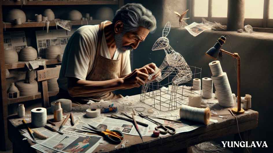 A Mexican Artisan Crafting the Armature for a Cartonería Papier-Mâché Sculptures