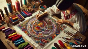 Mexican artisan woman transferring a design onto fabric for Tenango embroidery. Otomi Tenango Embroidery